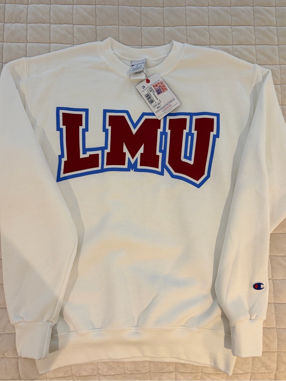 Champion White LMU Loyola Crewneck Sweatshirt with Red & Blue Lettering